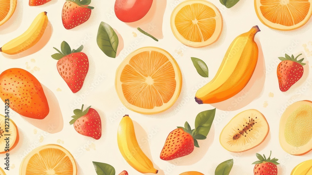 A vibrant fruit pattern featuring a mix of juicy oranges, ripe bananas, and luscious strawberries, arranged on a light pastel background. A vibrant fruit pattern featuring a mix of juicy oranges, ripe bananas, and luscious strawberries, arranged on a light pastel background.