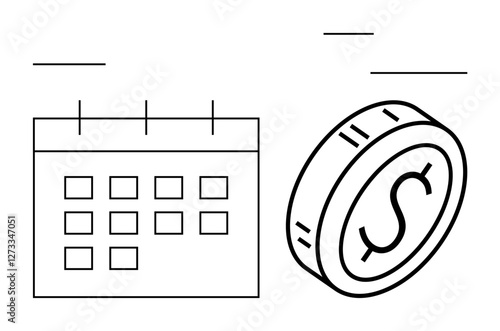 Calendar and coin convey themes of financial planning, deadlines, budgeting, and time management. Ideal for finance, business, savings, investments, scheduling loan repayments abstract line flat