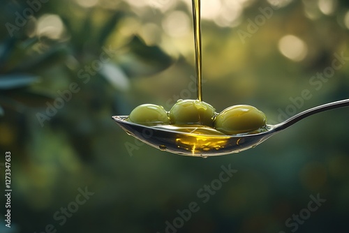 A spoonful of olive oil  dripping onto three oli