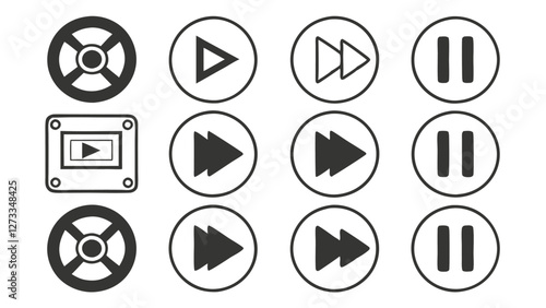 Minimalist Movie Control Icon Set in Black and White