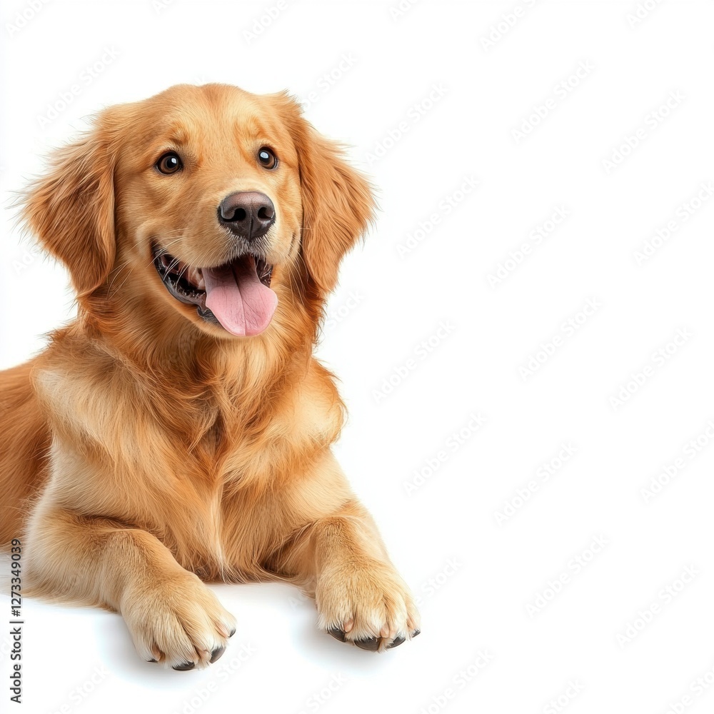 Playful golden retriever dog studio pet photography white background close-up joyful moment Playful golden retriever dog studio pet photography white background close-up joyful moment