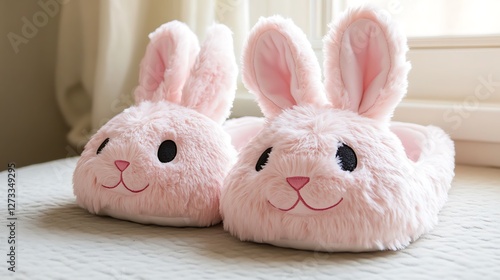 Plush bunny face slippers pastel pink fluffy ears soft and cozy