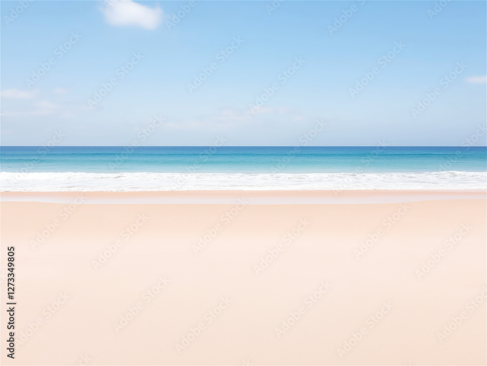 Fototapeta premium A serene beach scene with golden sand and clear blue skies, perfect for travel, relaxation, or vacation themes. Ideal for warm weather promotions.
