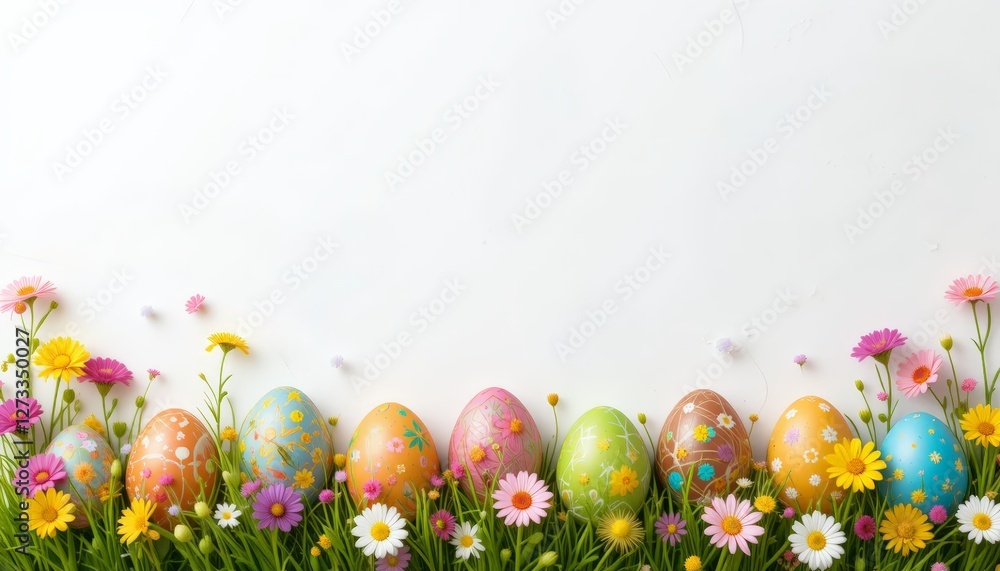 Fototapeta premium A colorful display of decorated Easter eggs in a grassy field of flowers, evoking a festive spirit perfect for holiday media, craft projects, or family gatherings.
