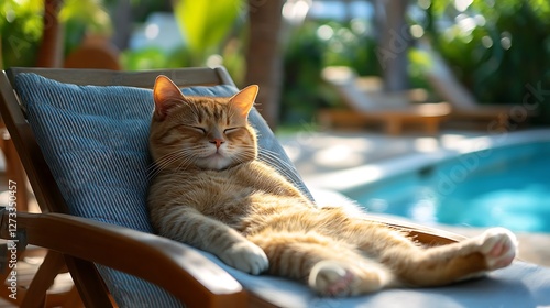 Plush cat peacefully resting on a pool lounger