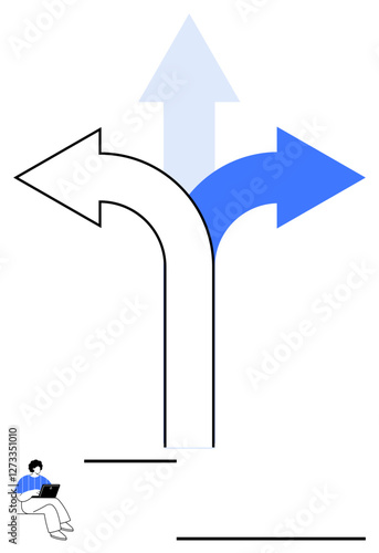 Three branching arrows in arrow shapes indicating different directions. Person sitting with laptop. Ideal for decision-making, strategy, personal growth, navigation, career planning, future, abstract