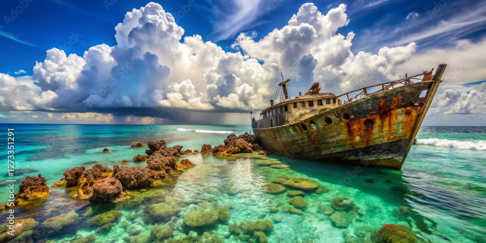 Weathered shipwreck rests on rocky shore under dramatic clouds Weathered shipwreck rests on rocky shore under dramatic clouds