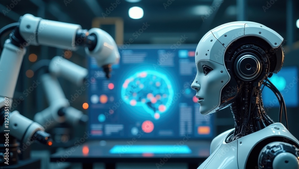Fototapeta premium Advanced agentic AI interacts with robotic arm in a futuristic lab environment showcasing complex neural network analysis technologies