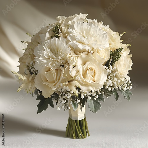 A delicately arranged mix of white carnations, graceful lisianthus, and spindly fillers drapes itself over a luminous white surface. High-contrast, shadow-free capture highlights the layers  photo