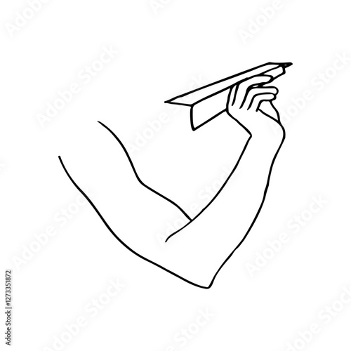 human hand holding paper airplane - hand drawn line art drawing