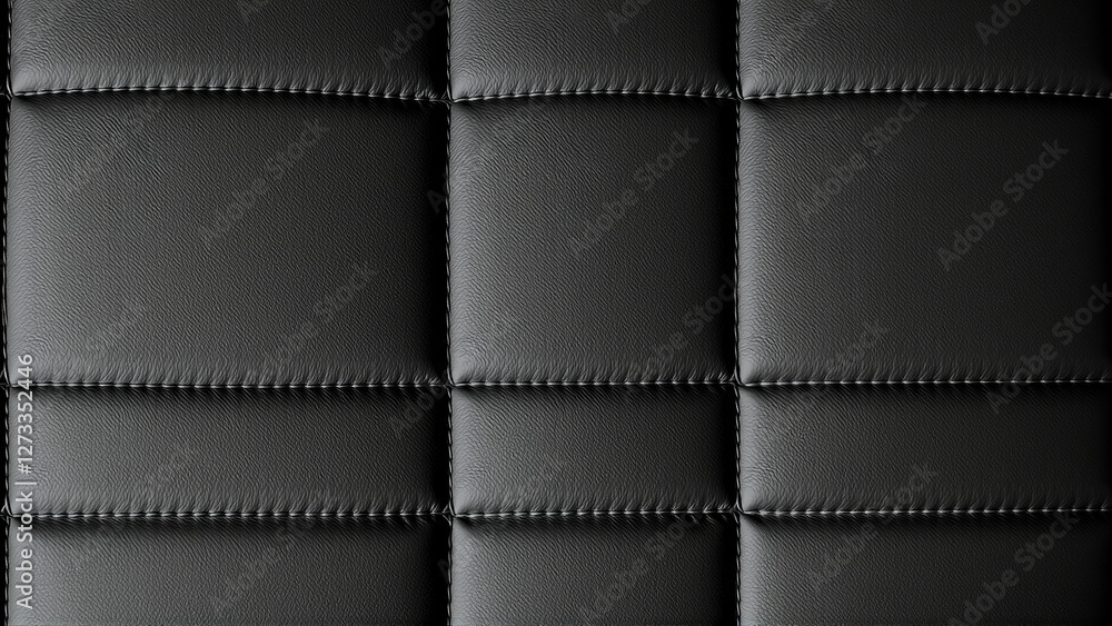 Fototapeta premium The surface texture of artificial leather in black, stitched in the form of diamonds, squares, rectangles. Quilted eco-leather. 