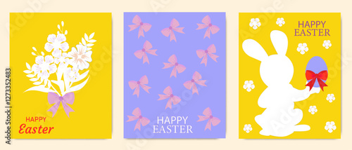 Easter greeting cards with floral bouquets, decorative bows, pastel eggs with red ribbons, and a bunny silhouette.