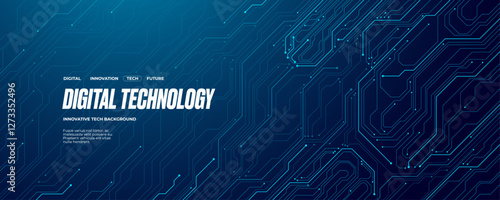 Abstract circuit board wires in light blue on dark navy technology background. AI banner concept. Futuristic Artificial Intelligence tech bg. Digital line pattern. Computer Vector illustration.