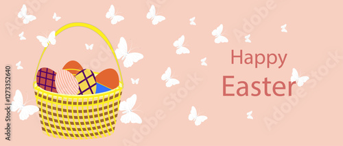 Easter basket with colorful decorated eggs, white butterflies, pastel background, and elegant holiday greeting text.