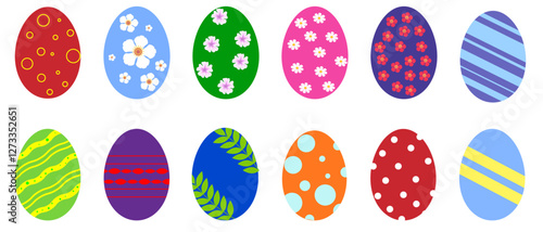 Set of colorful Easter eggs with floral, striped, polka dot, and abstract patterns on a white background for decoration.
