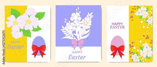 Easter greeting cards with floral elements, pastel colors, decorative eggs with red bows, and elegant typography.