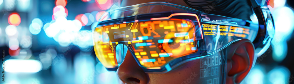 Futuristic eyewear with vibrant digital interface and neon lights. Futuristic eyewear with vibrant digital interface and neon lights.