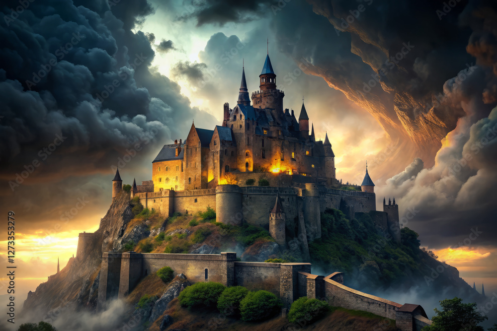 Majestic citadel pierces stormy skies, shrouded in darkness, showcasing ancient architecture Majestic citadel pierces stormy skies, shrouded in darkness, showcasing ancient architecture