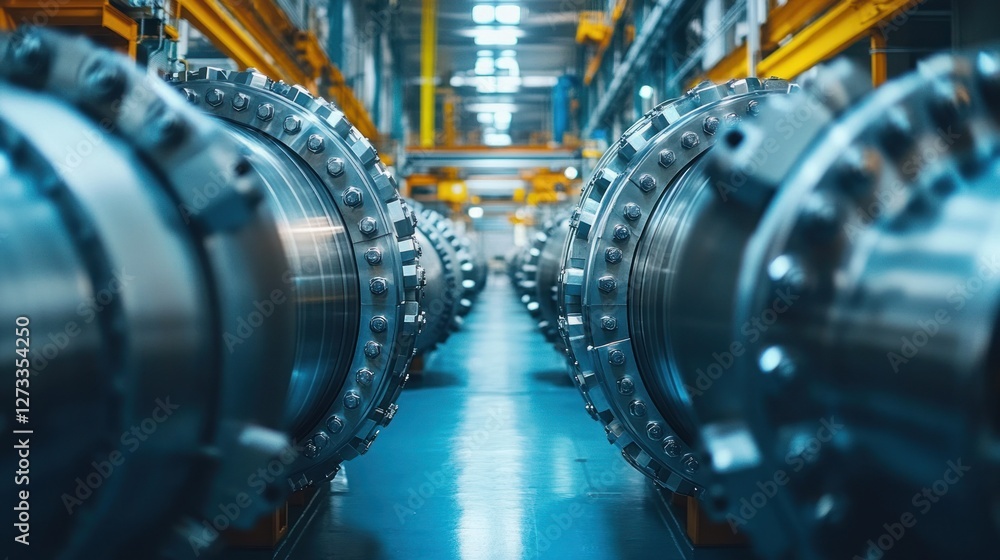 Fototapeta premium Industrial machinery, factory, large metal components, arranged neatly