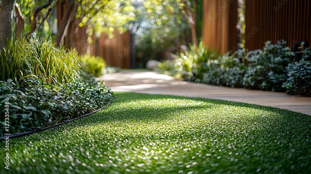 Fototapeta premium Green grass lawn and path in the garden, sunlight in the background, landscape for leisure