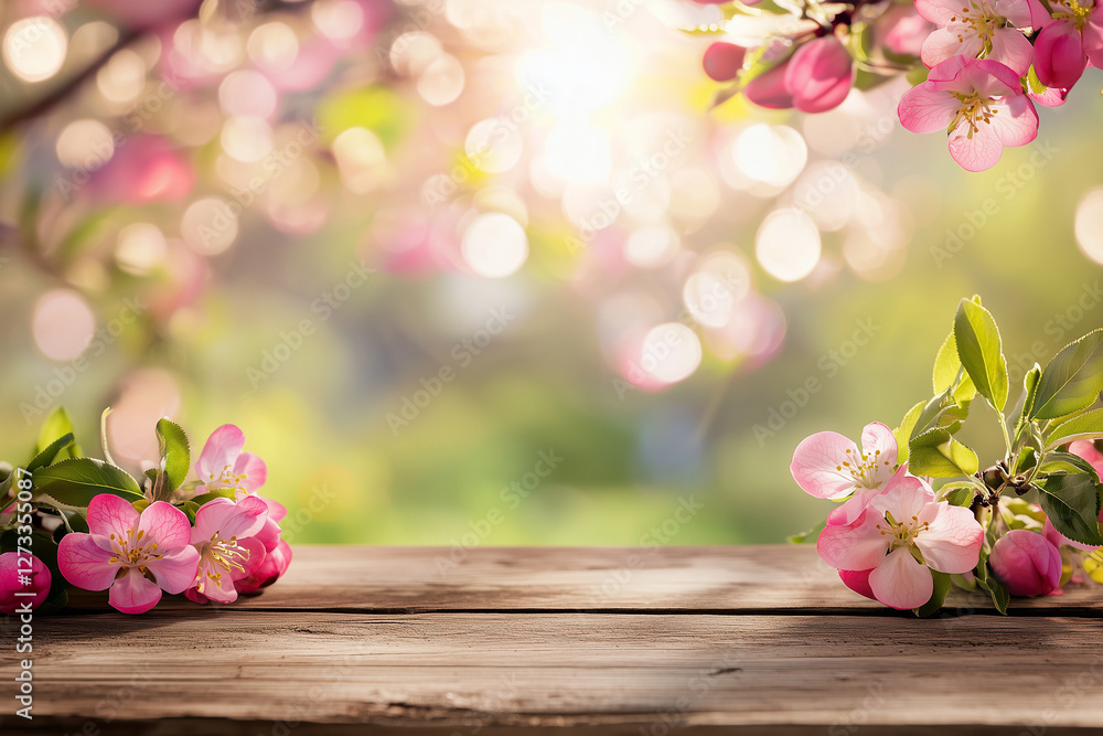 Rustic wooden table for product display with pink apple blossoms on the sides, set against a blurred green and golden background with sunlight and soft bokeh, creating a warm springtime atmosphere.
Rustic wooden table for product display with pink apple blossoms on the sides, set against a blurred green and golden background with sunlight and soft bokeh, creating a warm springtime atmosphere.