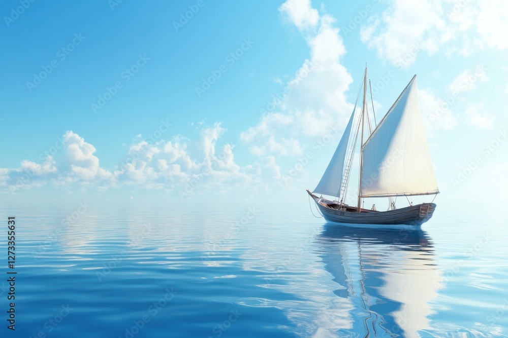 Fototapeta premium fishing boat sailing in a calm blue ocean, serene and peaceful atmosphere, bright natural lighting, inviting and tranquil setting