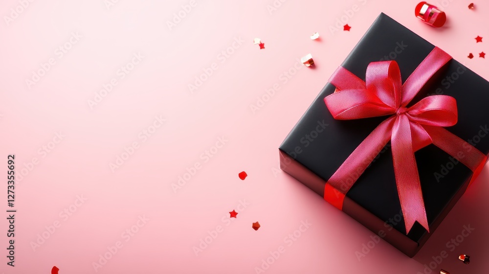 The image presents a beautifully wrapped black gift box tied with a vibrant pink ribbon on a soft pink background, evoking a sense of joy and celebration. The image presents a beautifully wrapped black gift box tied with a vibrant pink ribbon on a soft pink background, evoking a sense of joy and celebration.