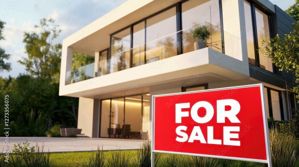 Well-kept house with a contemporary design and a FOR SALE sign in the front, showcasing large windows. Well-kept house with a contemporary design and a FOR SALE sign in the front, showcasing large windows.