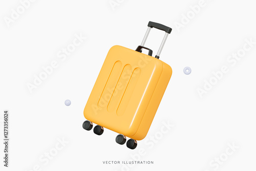 3D Yellow wheeled suitcase for travel. Cabin luggage. Plastic bag for flight. Journey concept. Time to tourism and vacation. Booking your next trip. Cartoon design icon. 3D Vector illustration