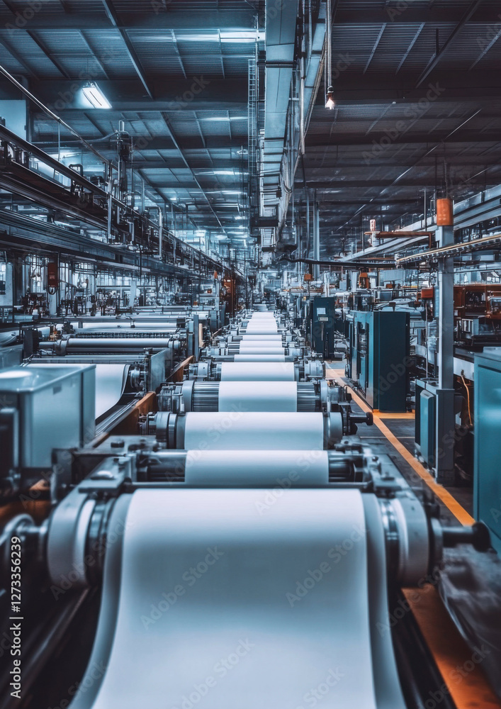 Obraz premium Cutting-edge machinery producing rolls of white paper in a clean factory setting