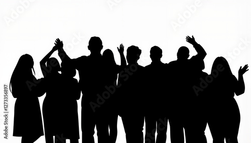 Energetic choir silhouette singing joyfully against white background, unity
