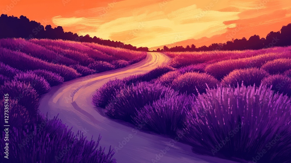 A winding road through a lavender field in full bloom, with the rich purple hues contrasting against a golden sunset. A winding road through a lavender field in full bloom, with the rich purple hues contrasting against a golden sunset.