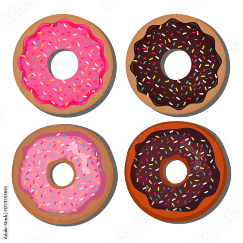 Set of four donuts in strawberry and chocolate glaze withcolorful sprinkles vector illustration. handrawn donuts.