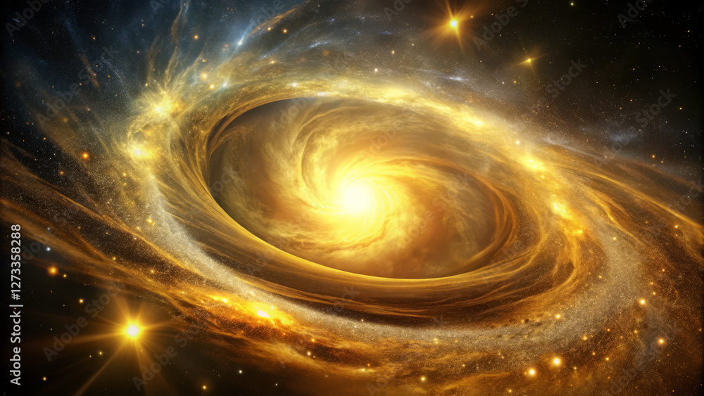 swirling galaxy illuminated by golden hues and bright stars swirling galaxy illuminated by golden hues and bright stars