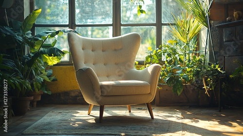 Sunlit armchair in a plant-filled room.