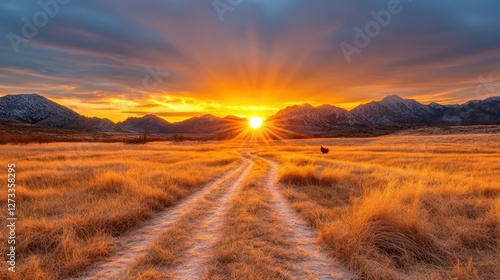 A breathtaking sunset casting warm hues across a tranquil meadow, with a winding dirt road leading towards majestic mountains, embodying nature's beauty and serenity.