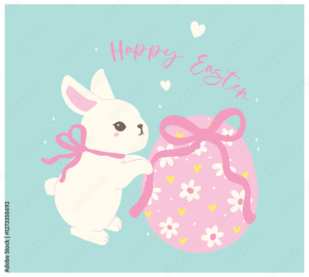 Coquette Happy Easter Bunny deccorating Egg Whimsical Rabbit Cartoon Flat design Coquette Happy Easter Bunny deccorating Egg Whimsical Rabbit Cartoon Flat design