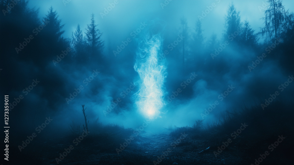 Fototapeta premium Mysterious blue mist swirling in enchanting forest, spiritual exploration