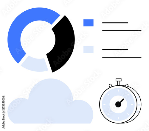 Pie chart for stats, stopwatch for timing, cloud for storage, and text for metrics. Ideal for data analysis, cloud computing, productivity, efficiency, business reports performance tracking