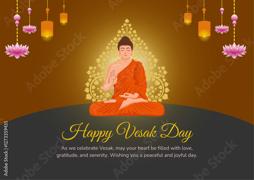 Shiny Vesak day concept wishes greeting card with Buddha illustration. Background vector. Happy Vesak day celebration design poster, flyer, banner.