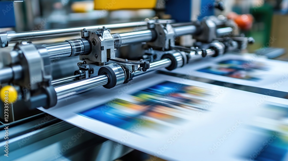 Close-Up View of High-Speed Printing Press in Operation