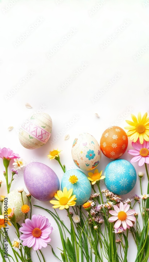 A bright layout featuring decorated Easter eggs and flowers, ideal for conveying a joyful and festive atmosphere suitable for marketing, family events, and decor. A bright layout featuring decorated Easter eggs and flowers, ideal for conveying a joyful and festive atmosphere suitable for marketing, family events, and decor.