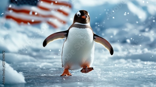 A charming Gentoo penguin waddles across a frozen landscape while snowflakes fall gently around it, embodying the beauty of winter in a picturesque setting.