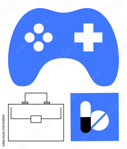 Blue gaming controller, black briefcase, and pill icon in blue box symbolize industries thumbs up gaming, business, and healthcare. Ideal for modern life, innovation, career, leisure medicine