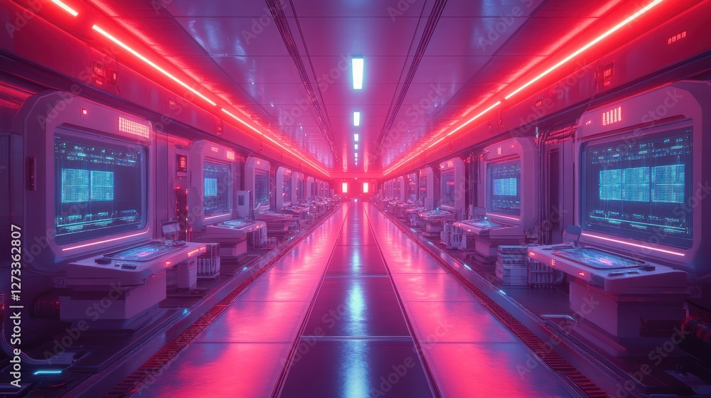 Fototapeta premium Futuristic spaceship corridor, red neon, control panels, data screens, sci-fi background