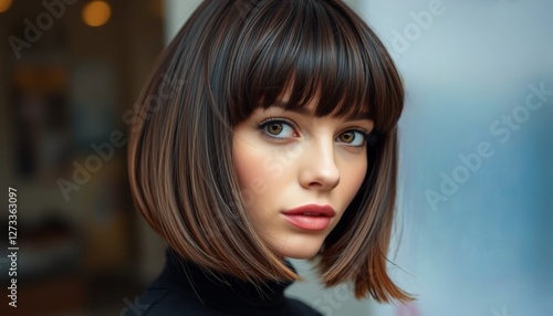 An elegant shot of a person with a stylish bob haircut, showcasing the smooth, layered texture and highlights for hairdressing inspiration. photo