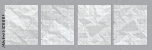 Set of realistic crumpled paper sheets. Blank spages of square and lined paper with wrinkles isolated on gray background. Vector illustration