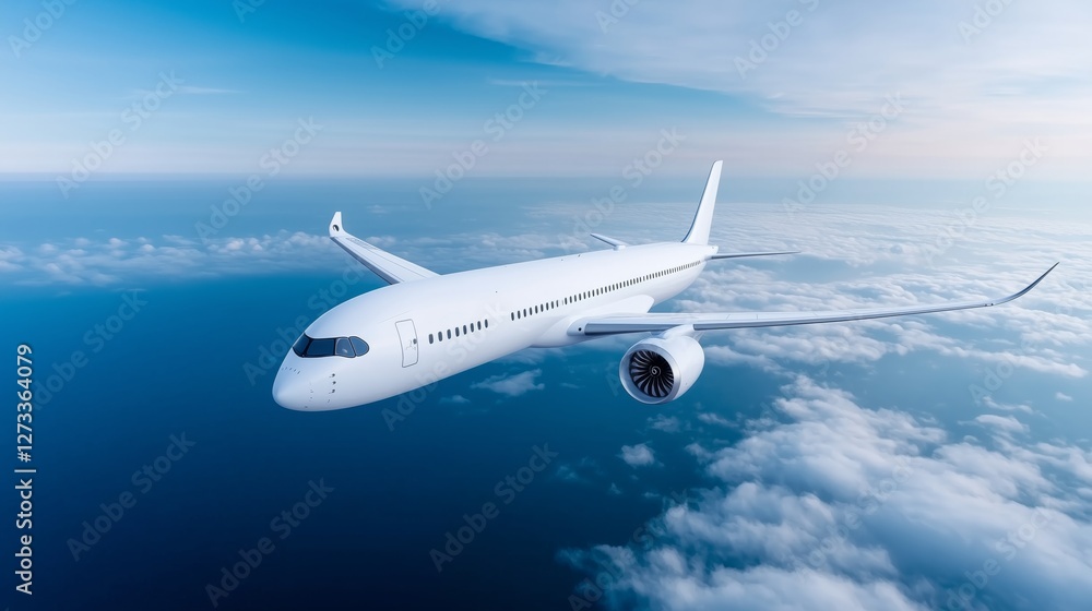 Obraz premium Flying above the clouds in a modern aircraft over the ocean