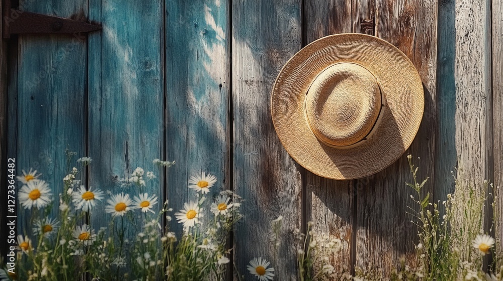 Straw Hat Hanging on Rustic Wooden Fence with Daisies Straw Hat Hanging on Rustic Wooden Fence with Daisies