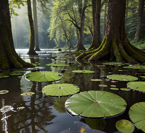 Green Forest reflection on a style lacquer with blue skis and a grassy shoreline.generative ai photo